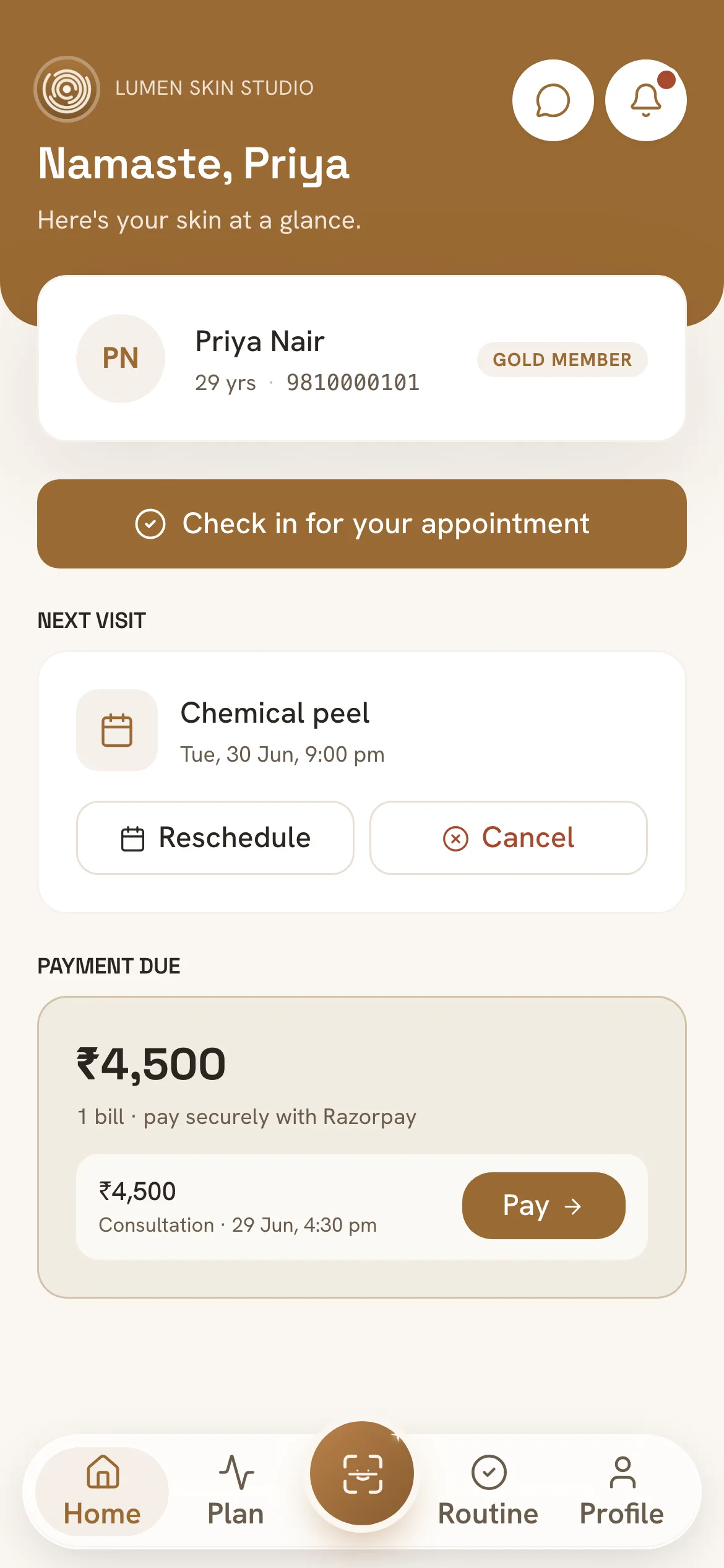 DermaCore patient app home screen